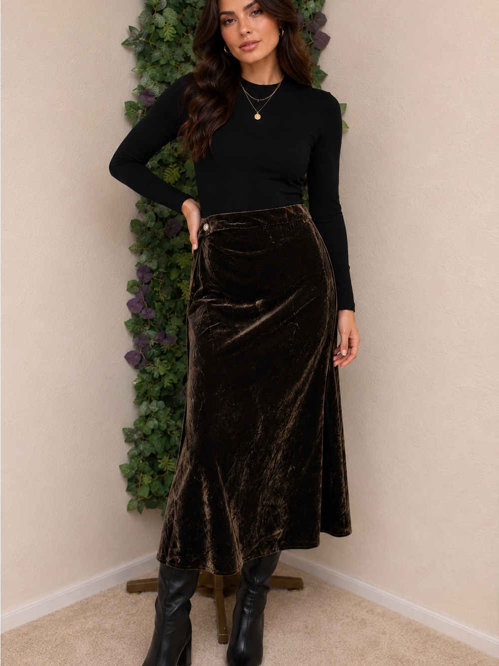 Maje Paris Brown Crushed Velvet Midi Skirt | Belt Detail French Designer